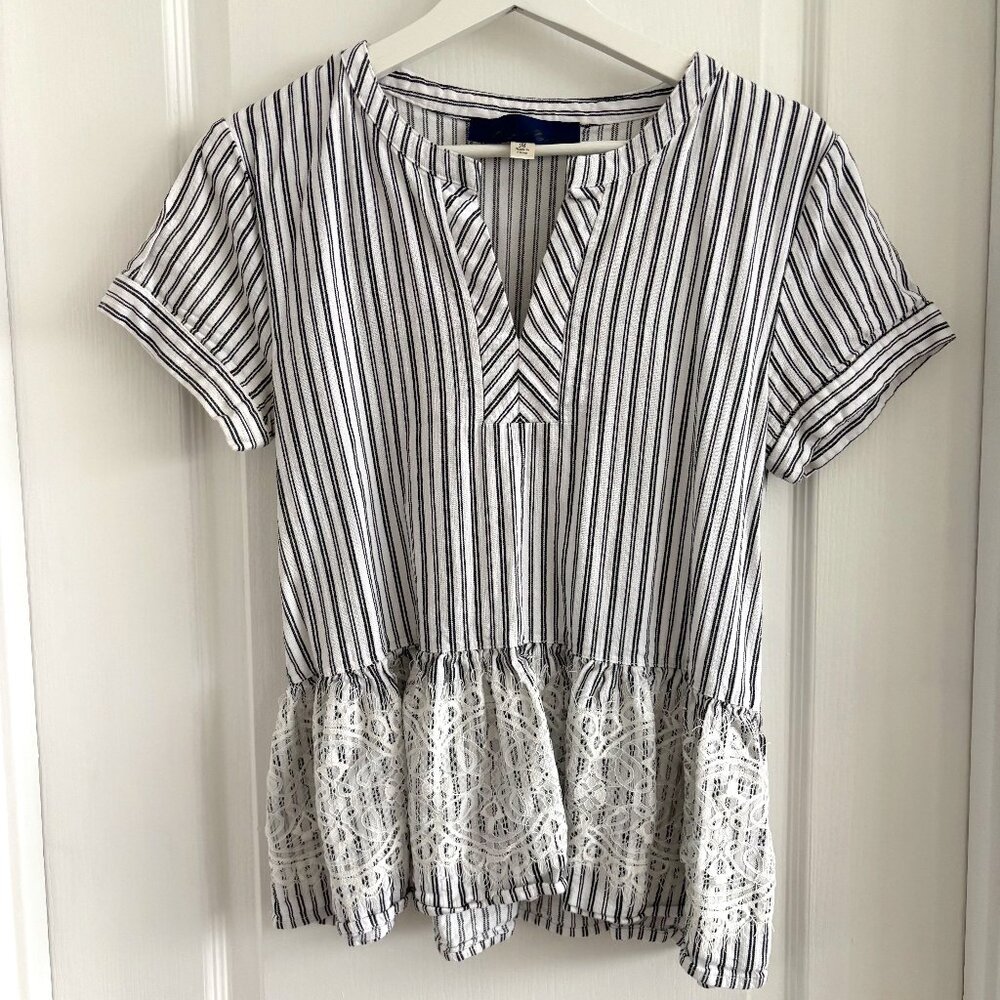 Franchesca's Navy Blue Pinstripe Short Sleeve Blouse